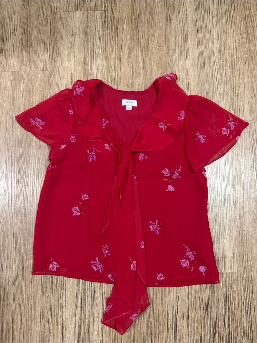 CeCe Bright Red Floral Tie-Front Blouse S